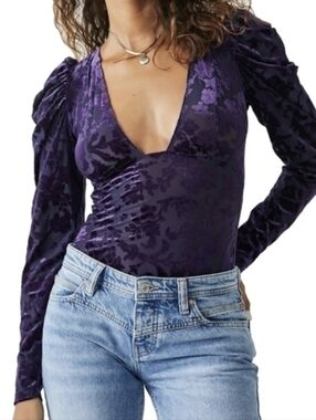 NWT Free People Purple V-Neck Velvet Burnout Long-Sleeve Top